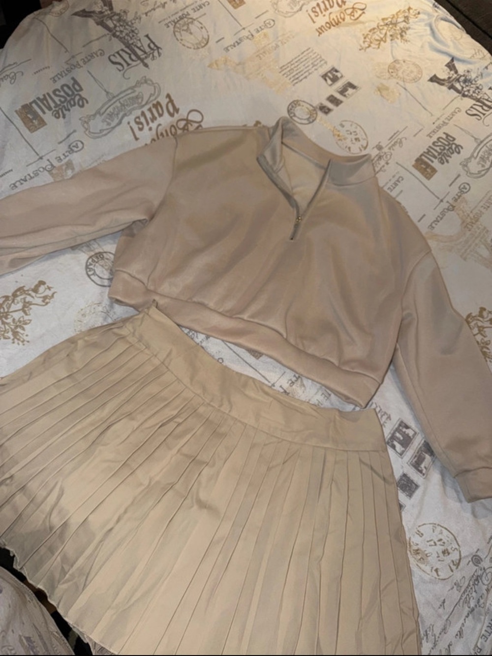 Beige Pleated Mini Skirt Set- Versatile Women's Skirt